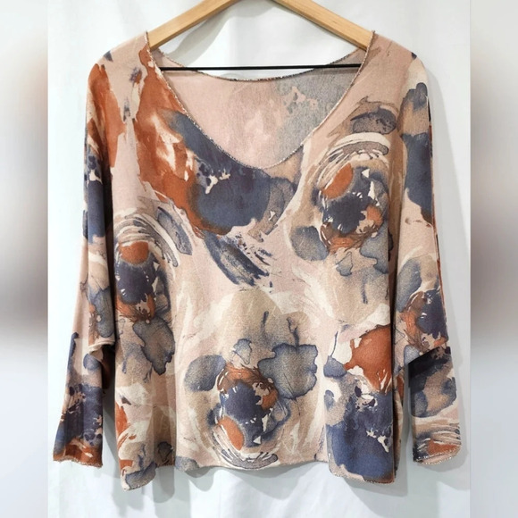 Blue Brown Womens Artsy Top XL/XXL Dolman Sleeve Made In Italy Bohemian Eclectic - Picture 1 of 7